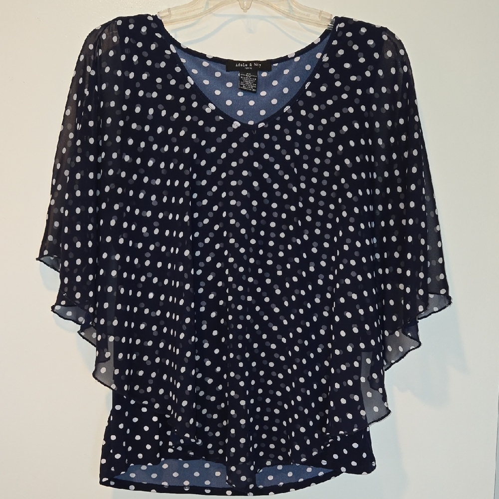 Adele & May Navy Blue & White Polka Dot Sheer Cover Blouse